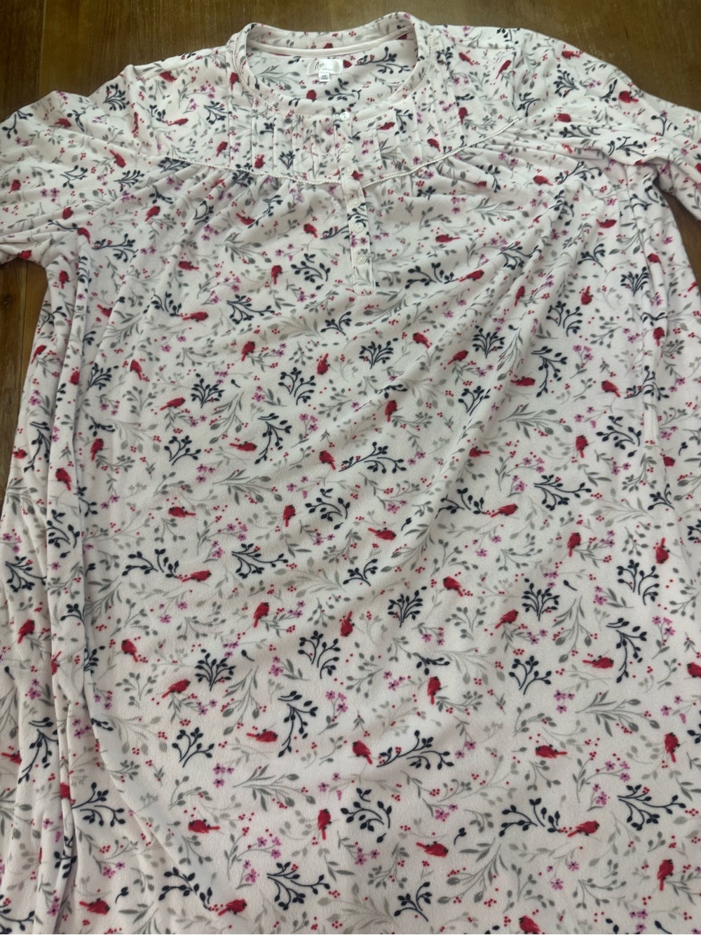 Aria Collection Cream Nightgown with Red Bird and Black Floral Print